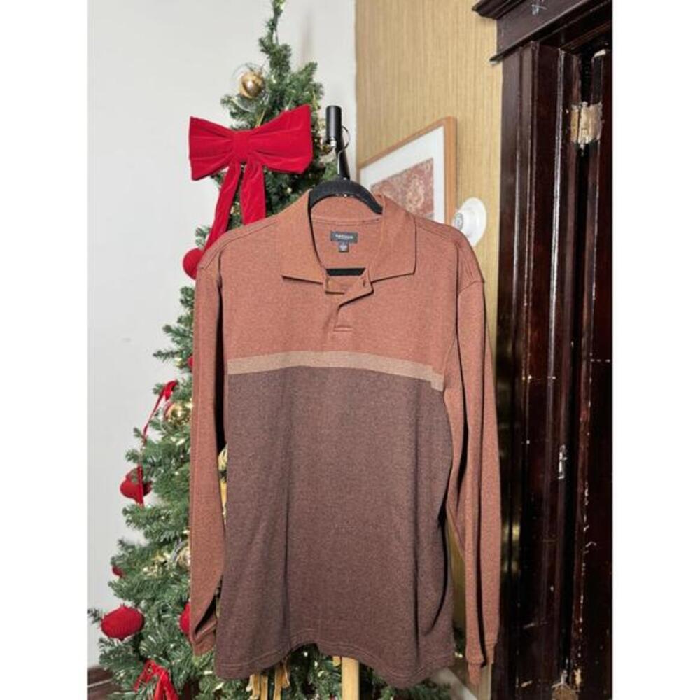 VanHeusen Men's Long Sleeve Polo Shirt Brown Color block